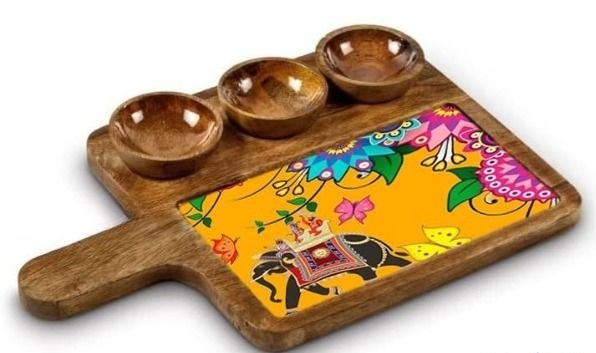 Modern Mango Wood Snack Serving Tray With Handle And Three Bowls