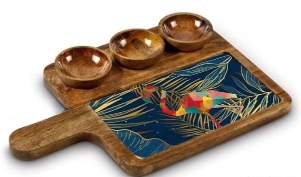 Decorative Mango Wood Appetizer Tray With Handle And Bowl Inserts
