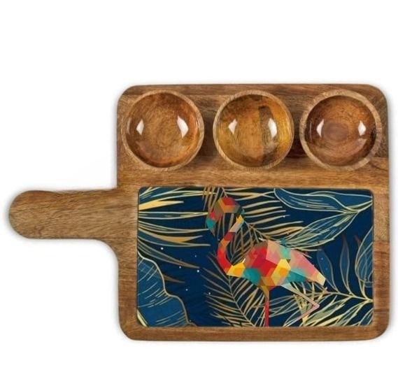 Decorative Mango Wood Appetizer Tray With Handle And Bowl Inserts