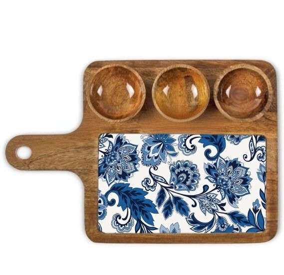 Premium Mango Wood Serving Platter With Handle And Three Bowls