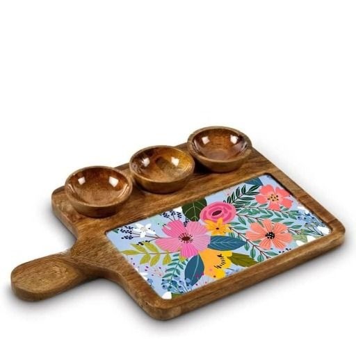 Stylish Mango Wood Snack Tray With Handl...