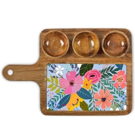 Stylish Mango Wood Snack Tray With Handle And Three Bowl Arrangement