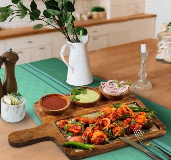 Stylish Mango Wood Snack Tray With Handle And Three Bowl Arrangement