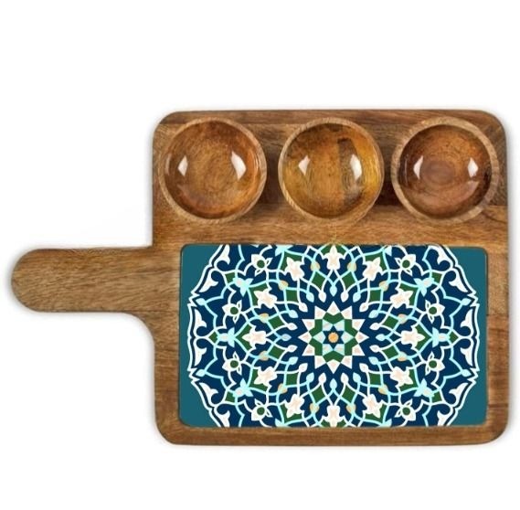 Classic Mango Wood Printed Serving Tray With Handle And Three Bowls