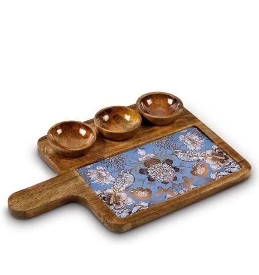 Artistic Mango Wood Snack Serving Platter With Three Bowl Set 16x10 Inch
