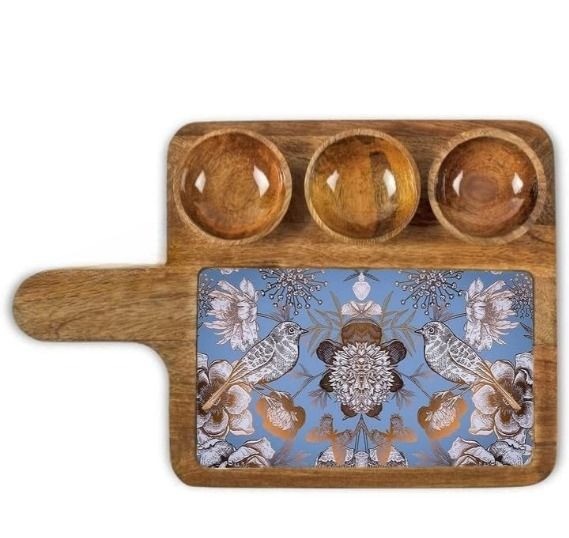 Artistic Mango Wood Snack Serving Platter With Three Bowl Set 16x10 Inch