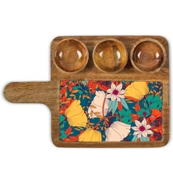Designer Mango Wood Appetizer Tray With Handle And Triple Bowl Layout