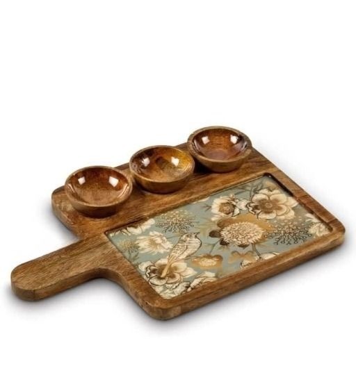Large Mango Wood Snack Serving Platter With Three Bowls 37x24 Cm