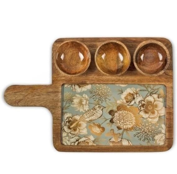 Large Mango Wood Snack Serving Platter With Three Bowls 37x24 Cm