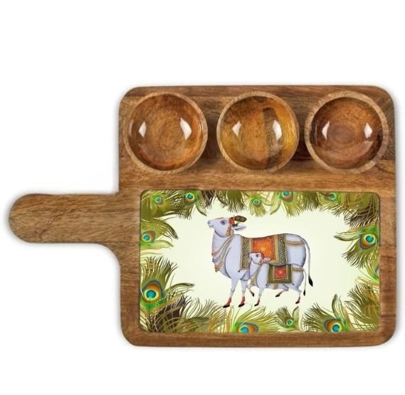 Printed Mango Wood Appetizer Platter With Handle And Three Bowl Set 16x10 Inch