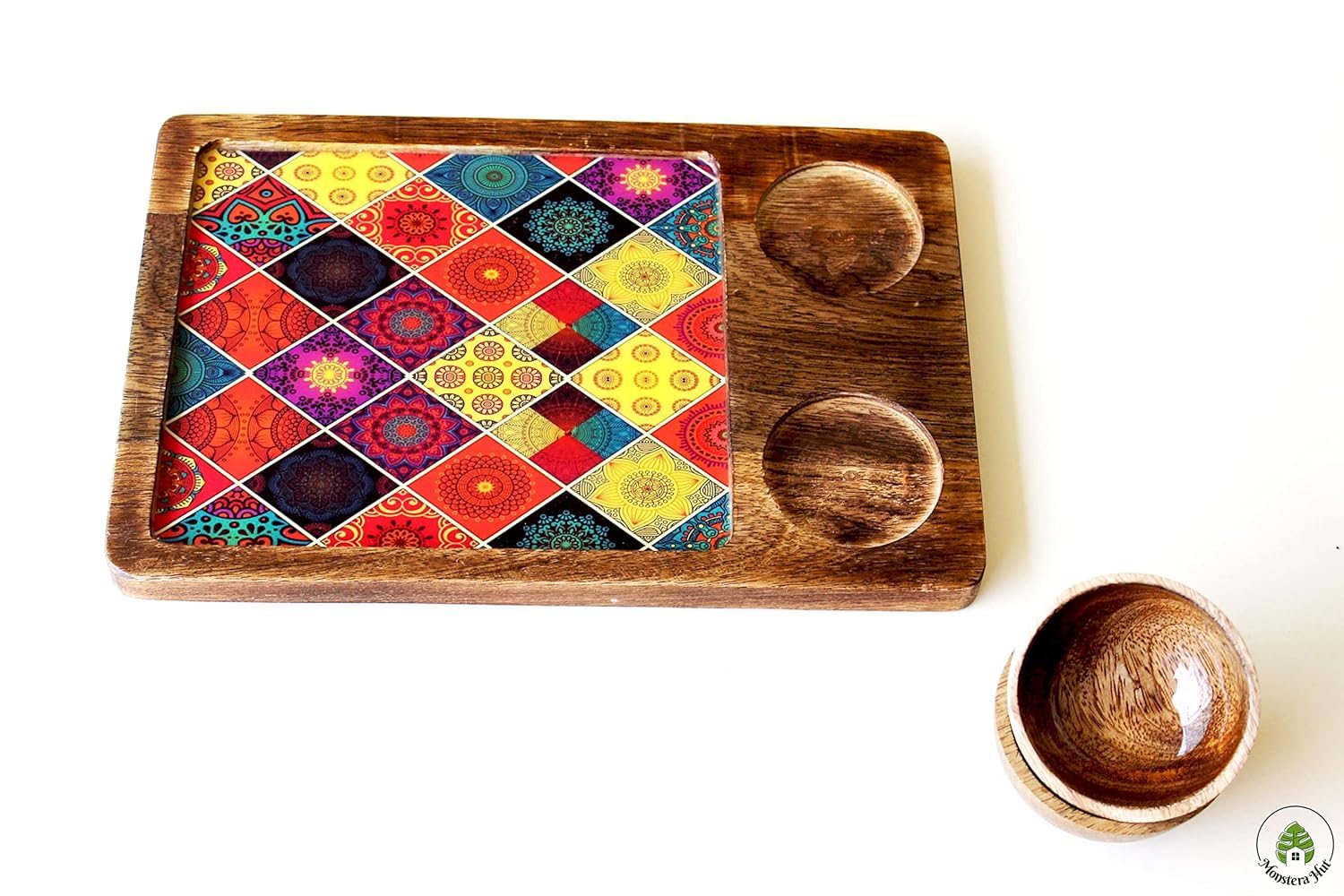 Square Mango Wood Serving Tray With Two Bowl Appetizer Set 12x8 Inch