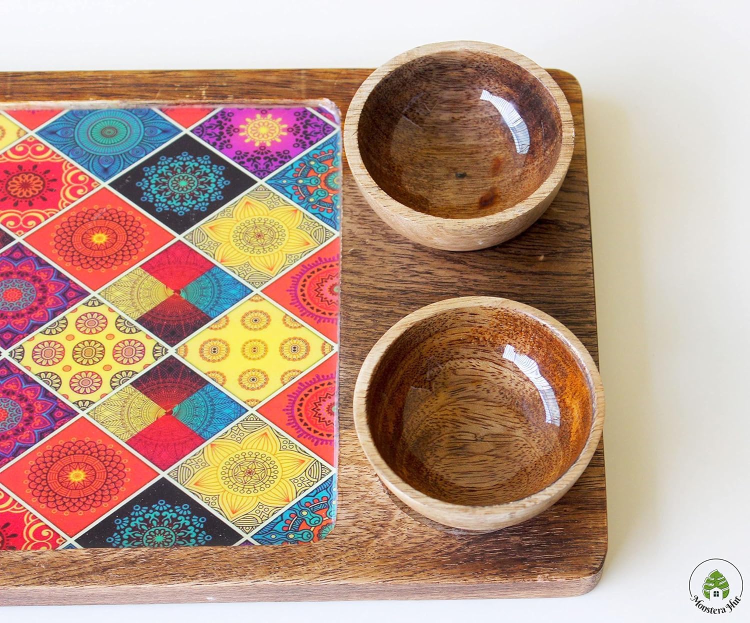 Square Mango Wood Serving Tray With Two Bowl Appetizer Set 12x8 Inch
