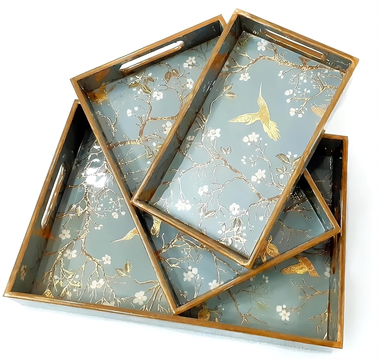 Woodworks Wooden Serving Tray Set of 3 With Handles For Home Decor