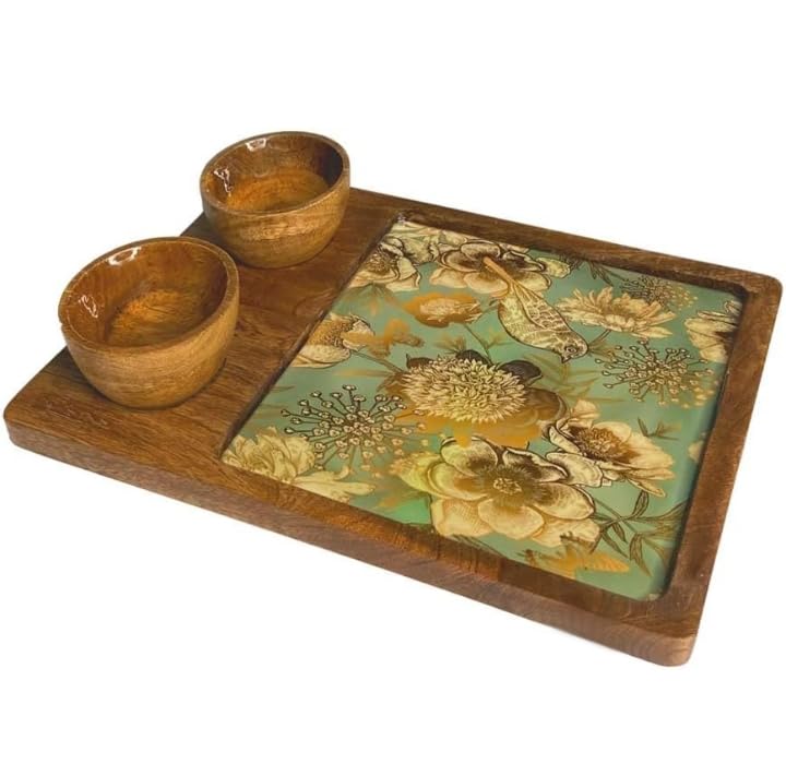 Printed Mango Wood Snack Platter With Tw...