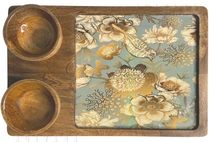 Printed Mango Wood Snack Platter With Two Bowl Set 30x20 Cm