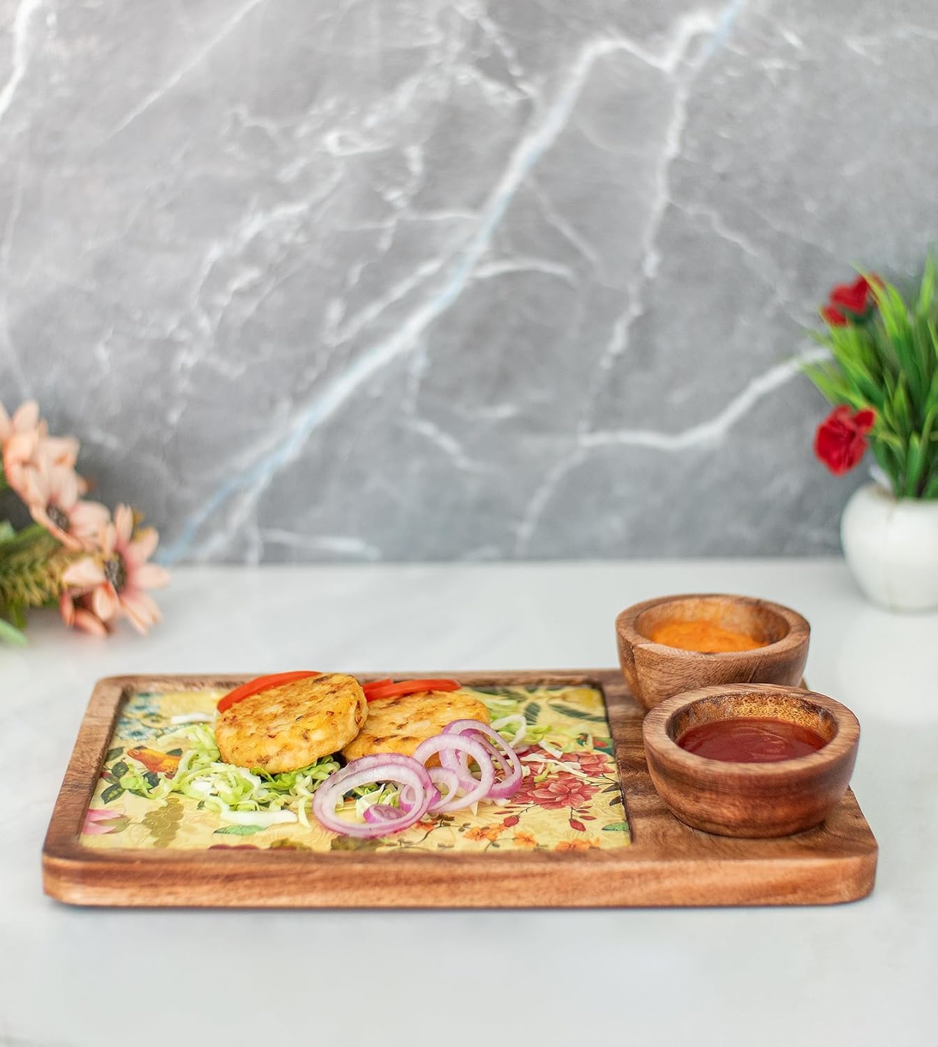 Unbreakable Snack Serving Platter With Dual Bowl Combo For Fries And Desserts