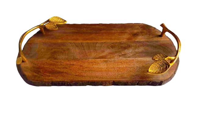 Mango Wood Rectangular Serving Tray With Elegant Gold Handles 18x10 Inch