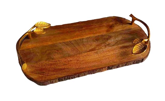 Mango Wood Rectangular Serving Tray With Elegant Gold Handles 18x10 Inch