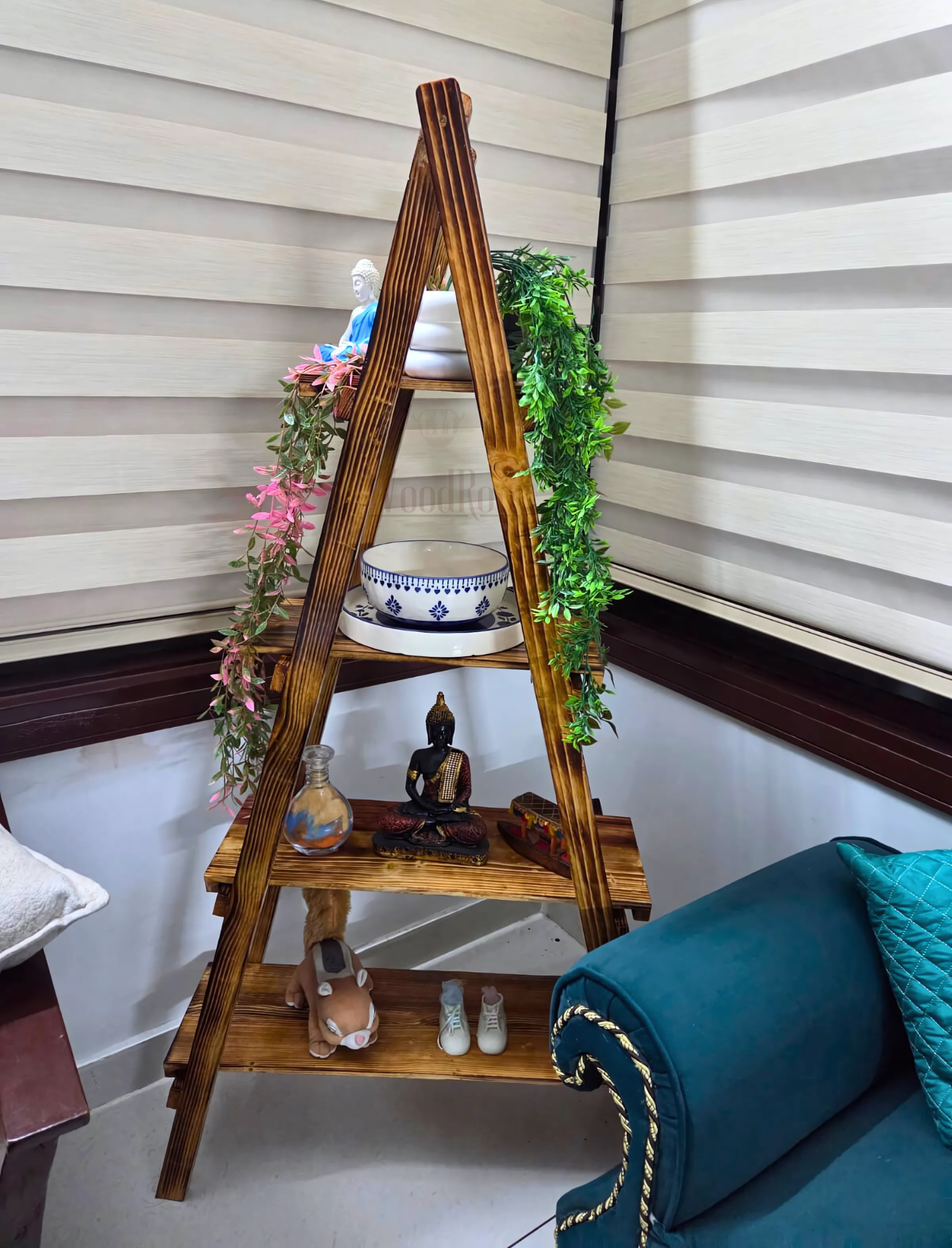 Premium 4 Tier Pinewood Ladder Shelf for Living Room Decor