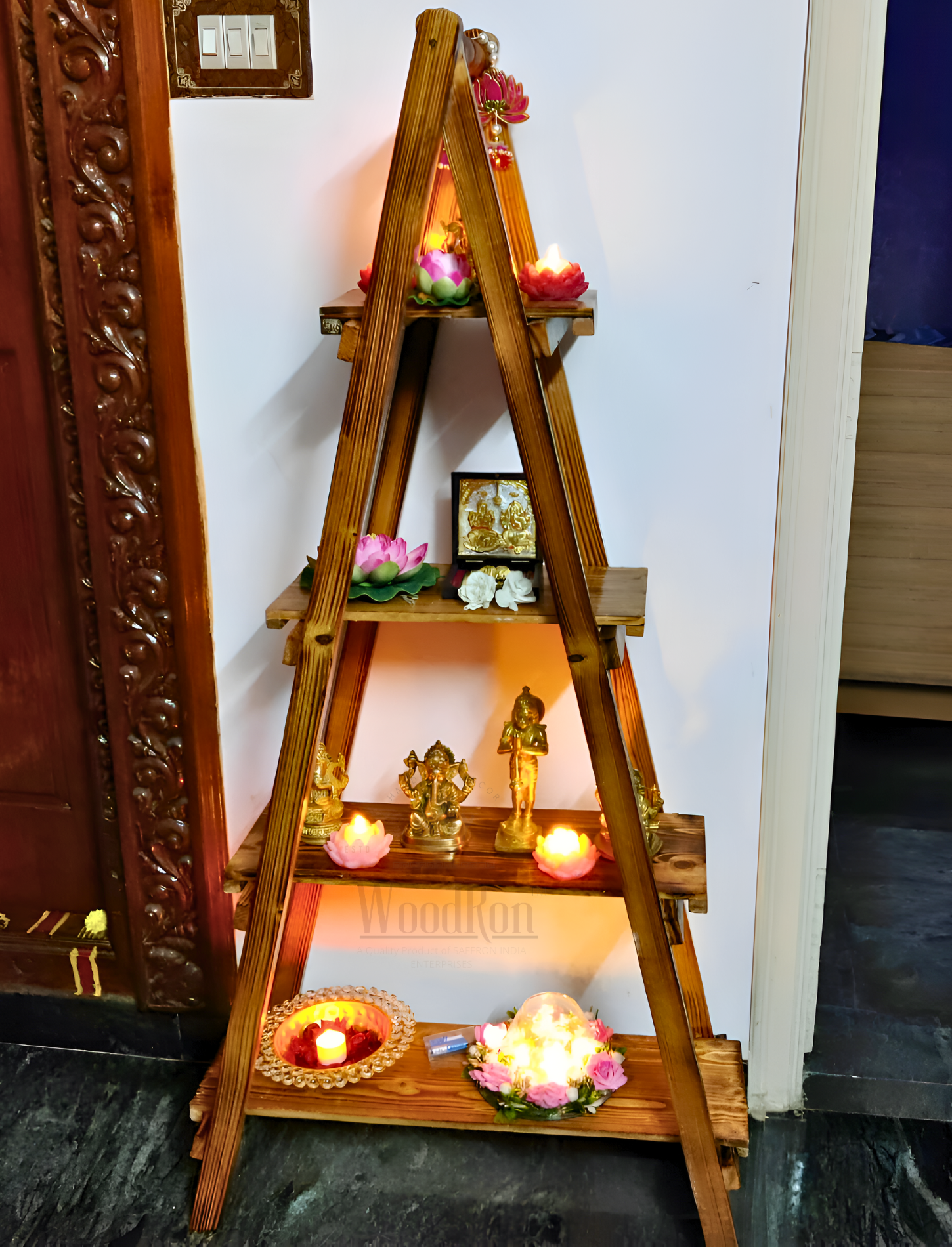 Premium 4 Tier Pinewood Ladder Shelf for Living Room Decor