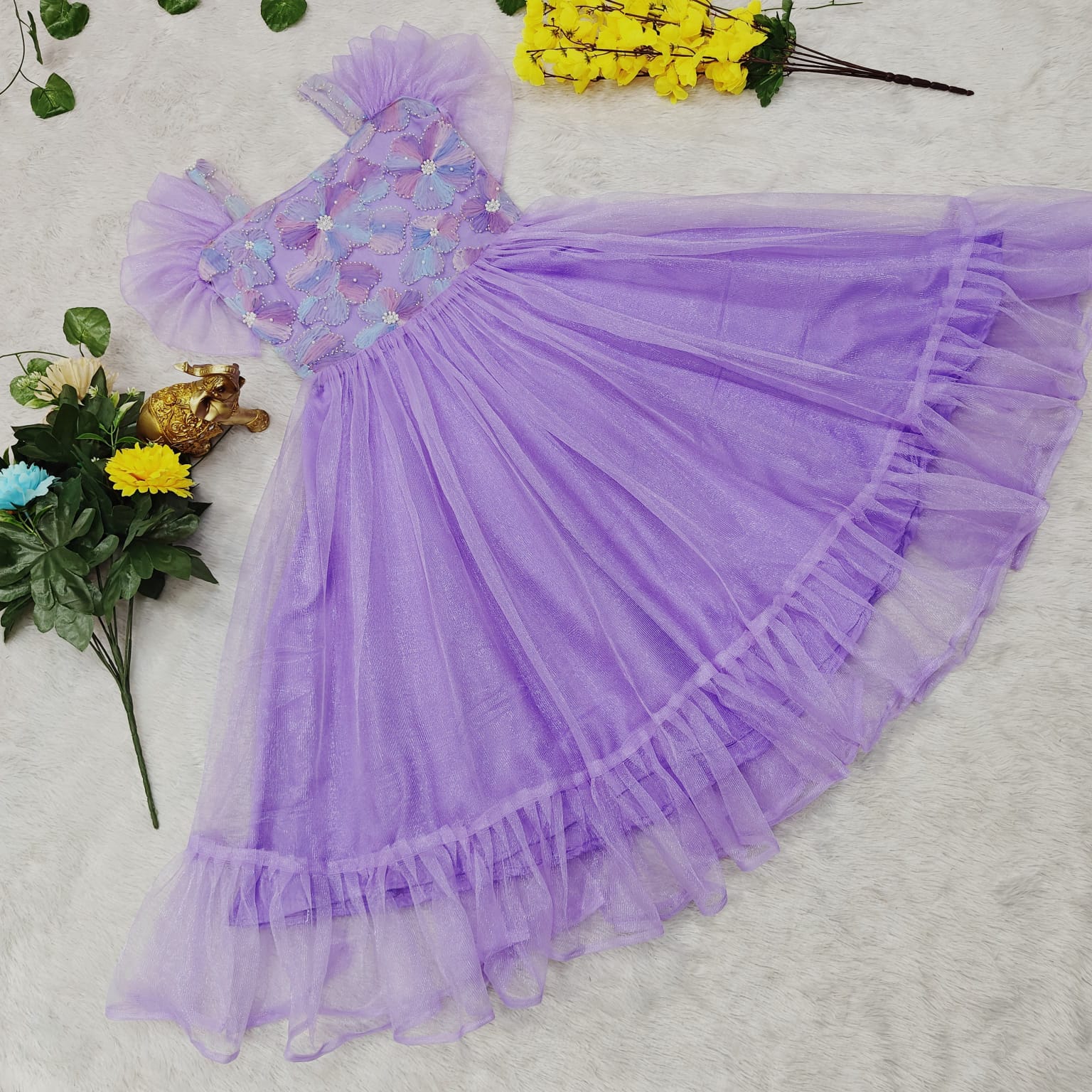Girls’ Lavender Net Party Dress with Flo...
