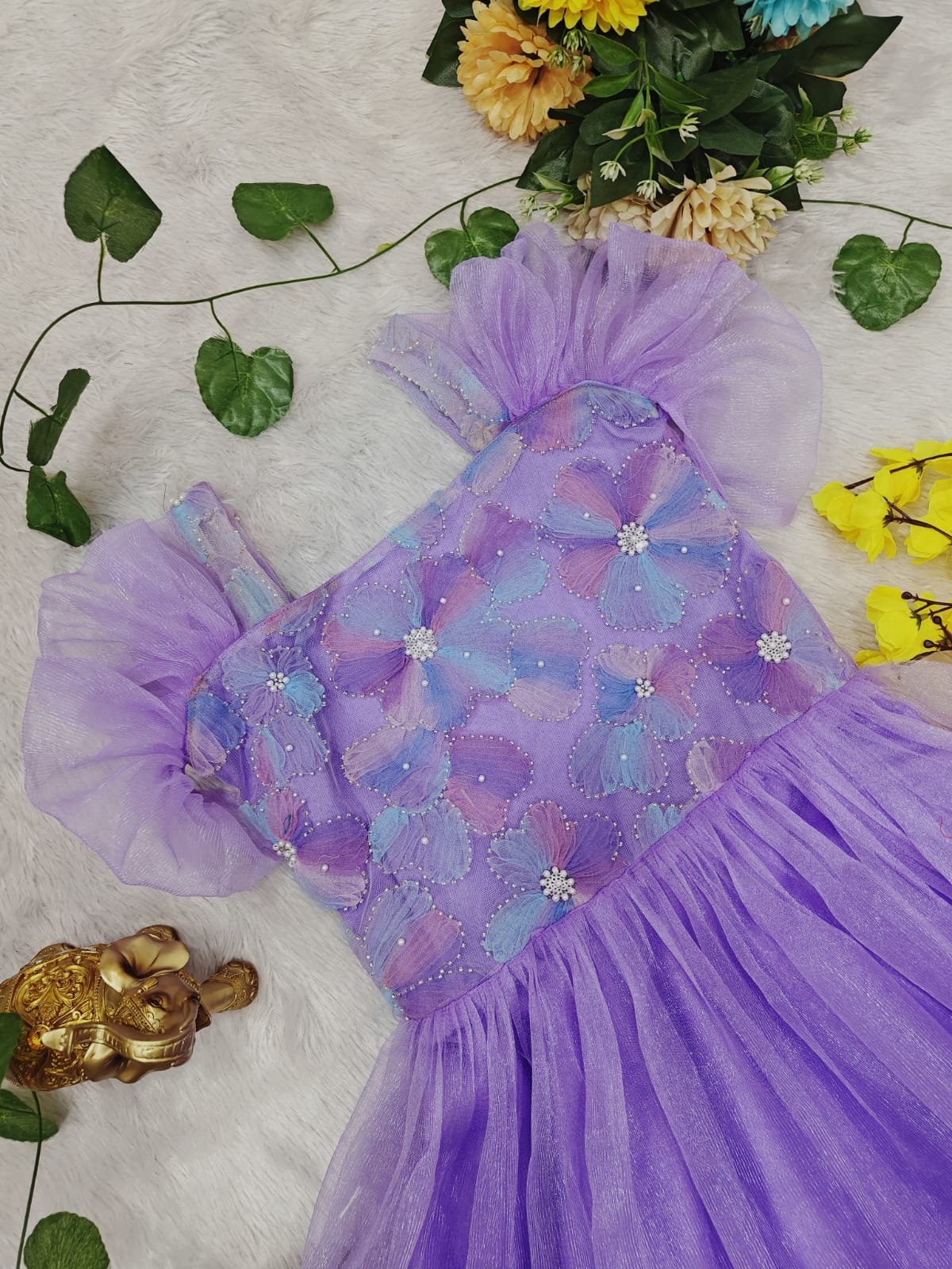 Girls’ Lavender Net Party Dress with Floral Embroidery