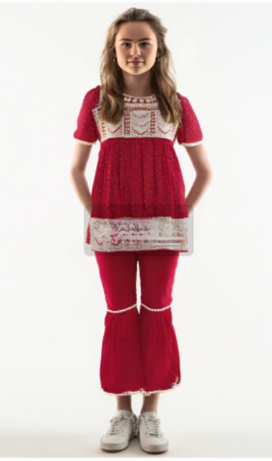 Kids Ethnic Wear – Maroon Embroidery Top & Sharara Style Pant Set