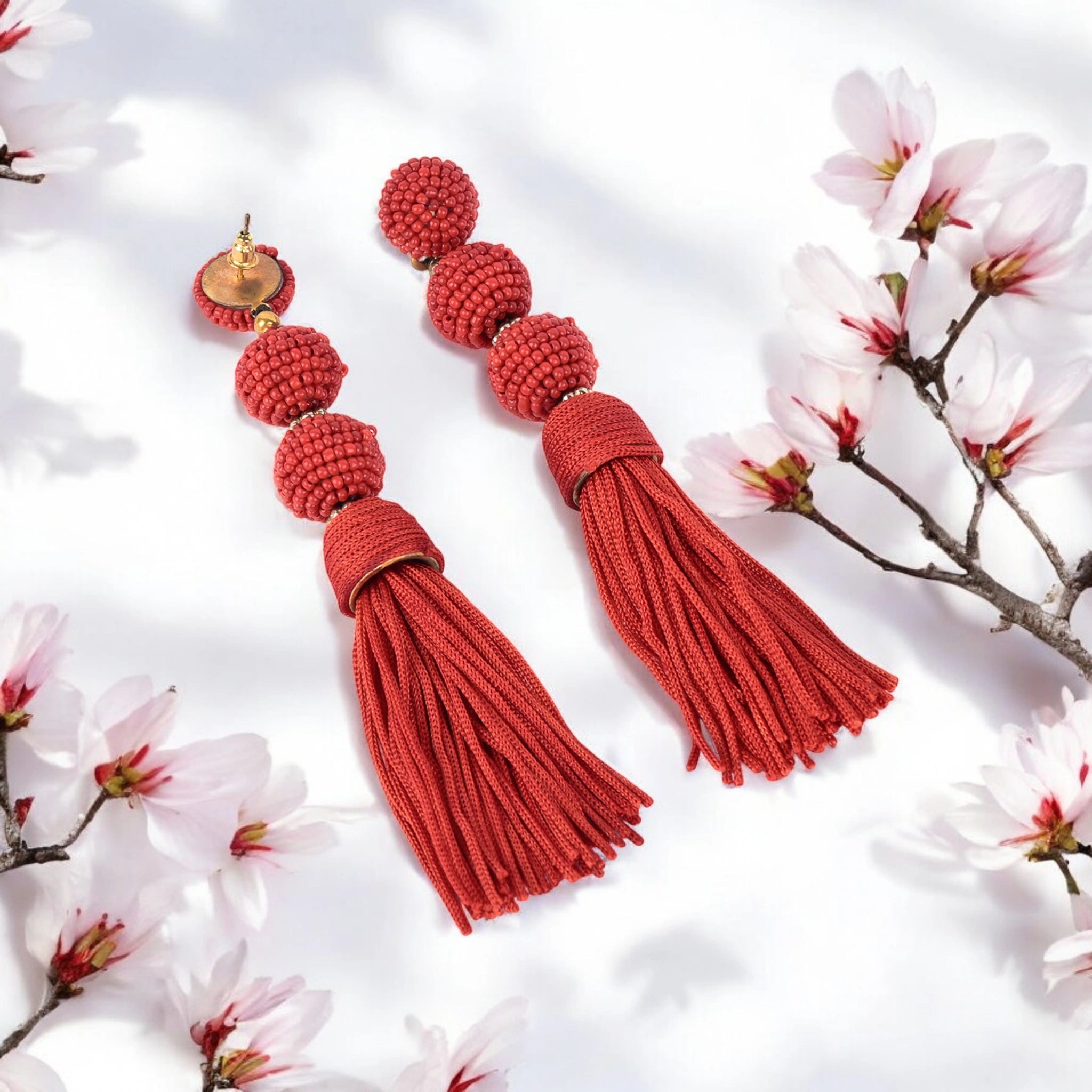 Elegant Red Beaded Tassel Earrings - Sta...