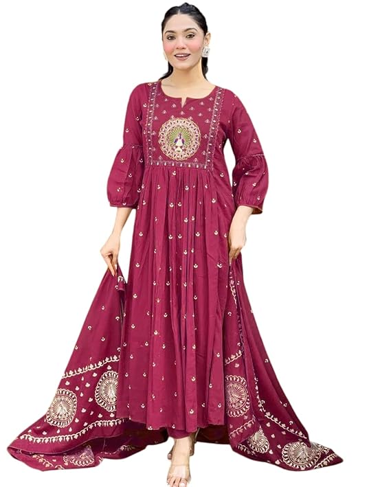 Womens Cotton Embroidered Anarkali Kurti...