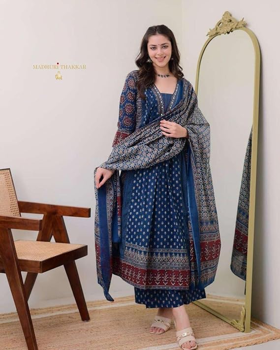 Women's Cotton Printed Premium A-Line Kurti Pant Dupatta Set Blue
