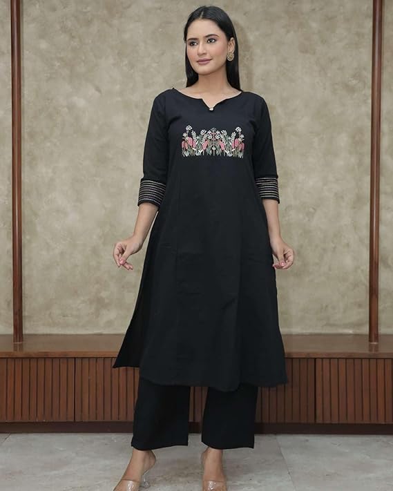 Women's Cotton Embroidered Straight Kurt...