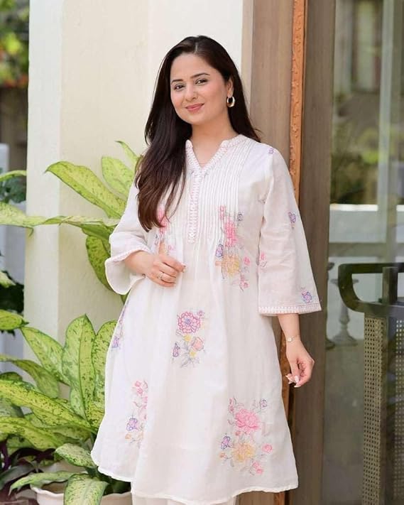 Women's Cotton Embroidery A-Line Kurti w...
