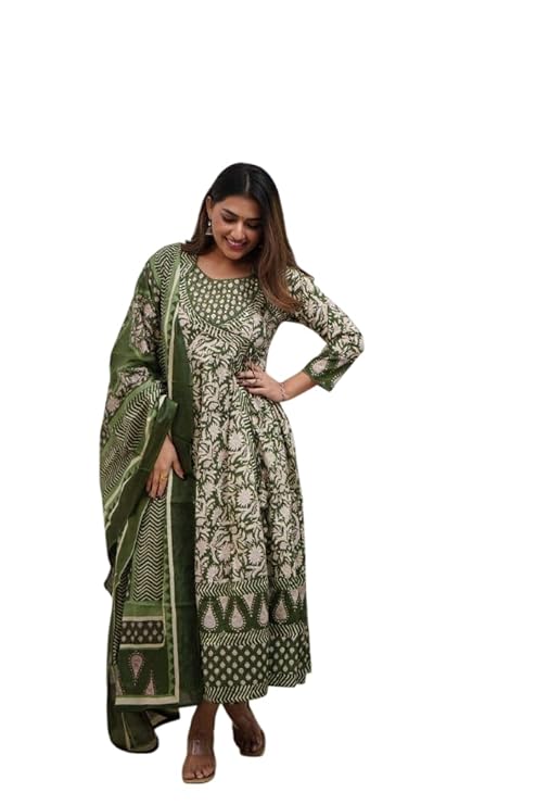 Womens Cotton Floral Printed Anarkali Kurti with Pant and Mulmul Dupatta Set