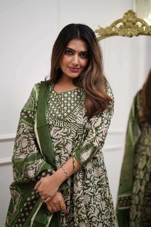 Womens Cotton Floral Printed Anarkali Kurti with Pant and Mulmul Dupatta Set