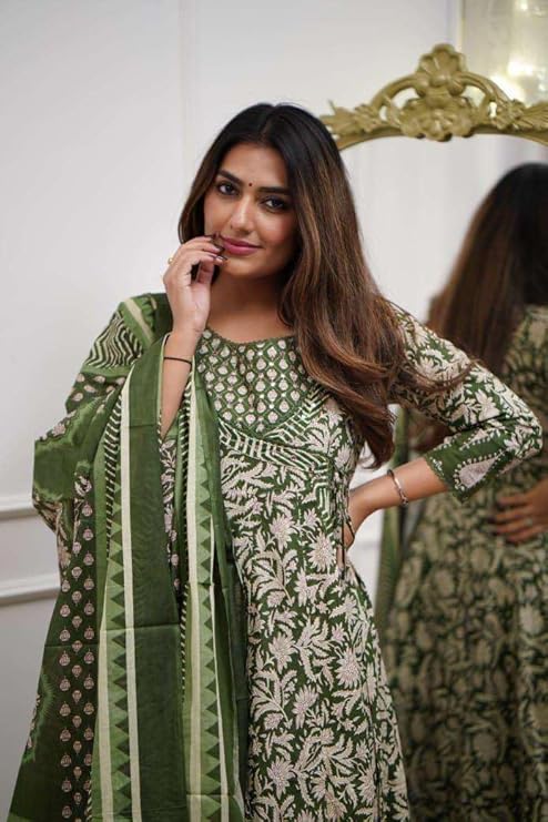 Womens Cotton Floral Printed Anarkali Kurti with Pant and Mulmul Dupatta Set