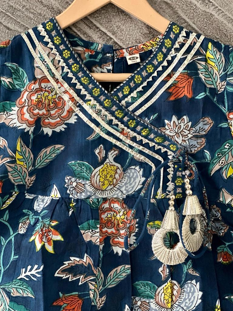 Blue Jaipur Block Print Cotton Party Wear Suit Set for Girls