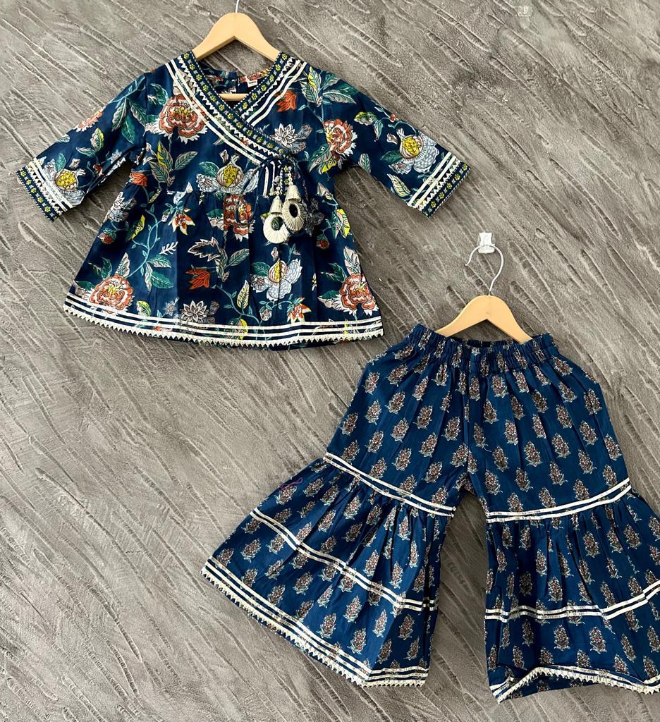 Blue Jaipur Block Print Cotton Party Wear Suit Set for Girls
