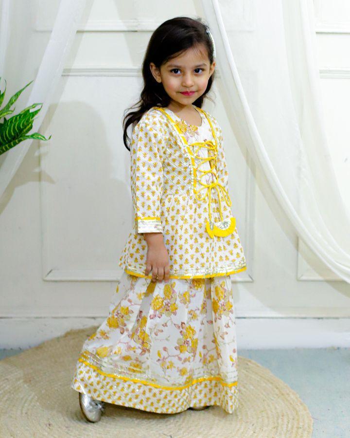 Yellow Peplum Dori Jaipur Block Print Cotton Suit Set for Girls