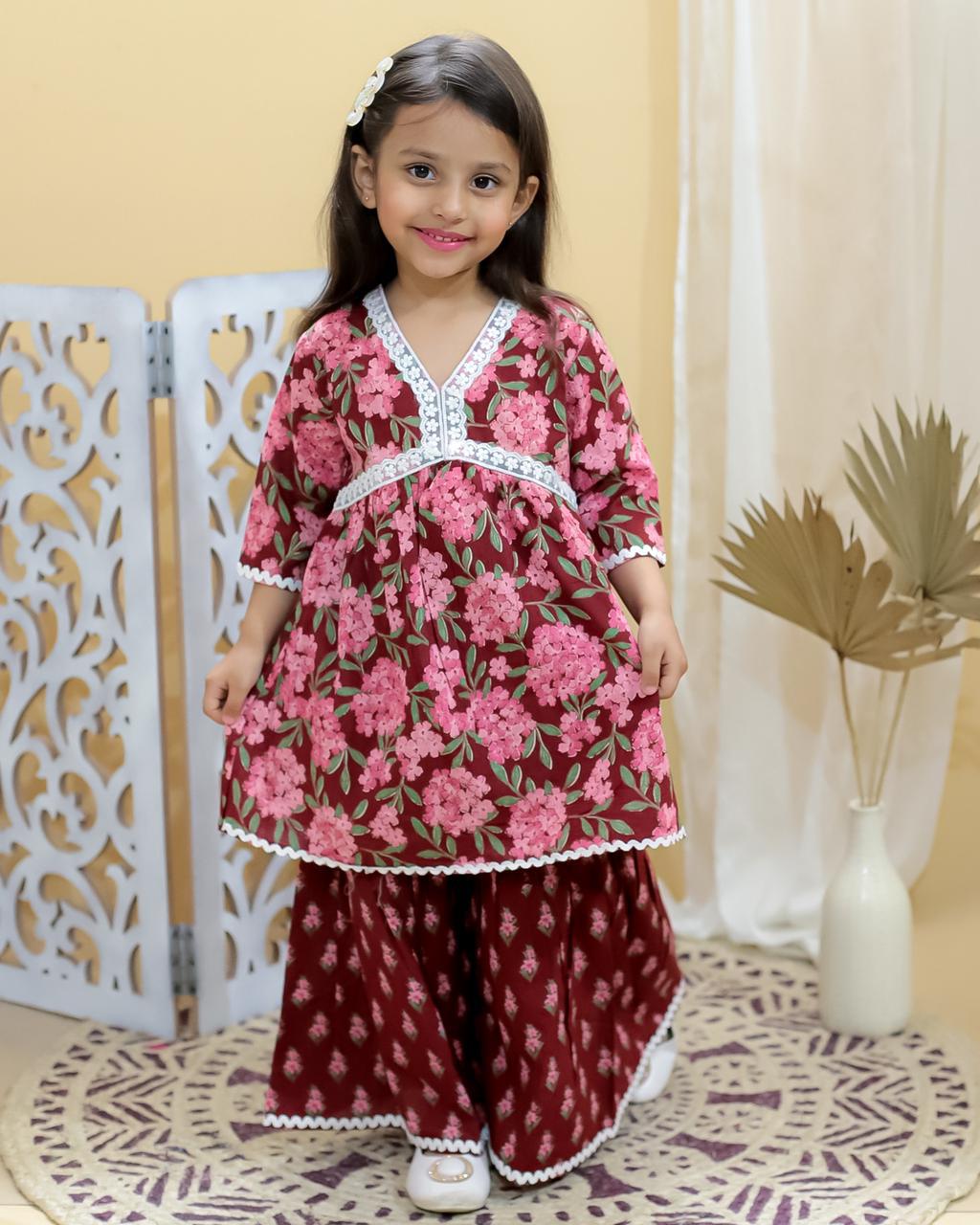 Red Jaipur Block Print Cotton Festive Suit Set for Girls