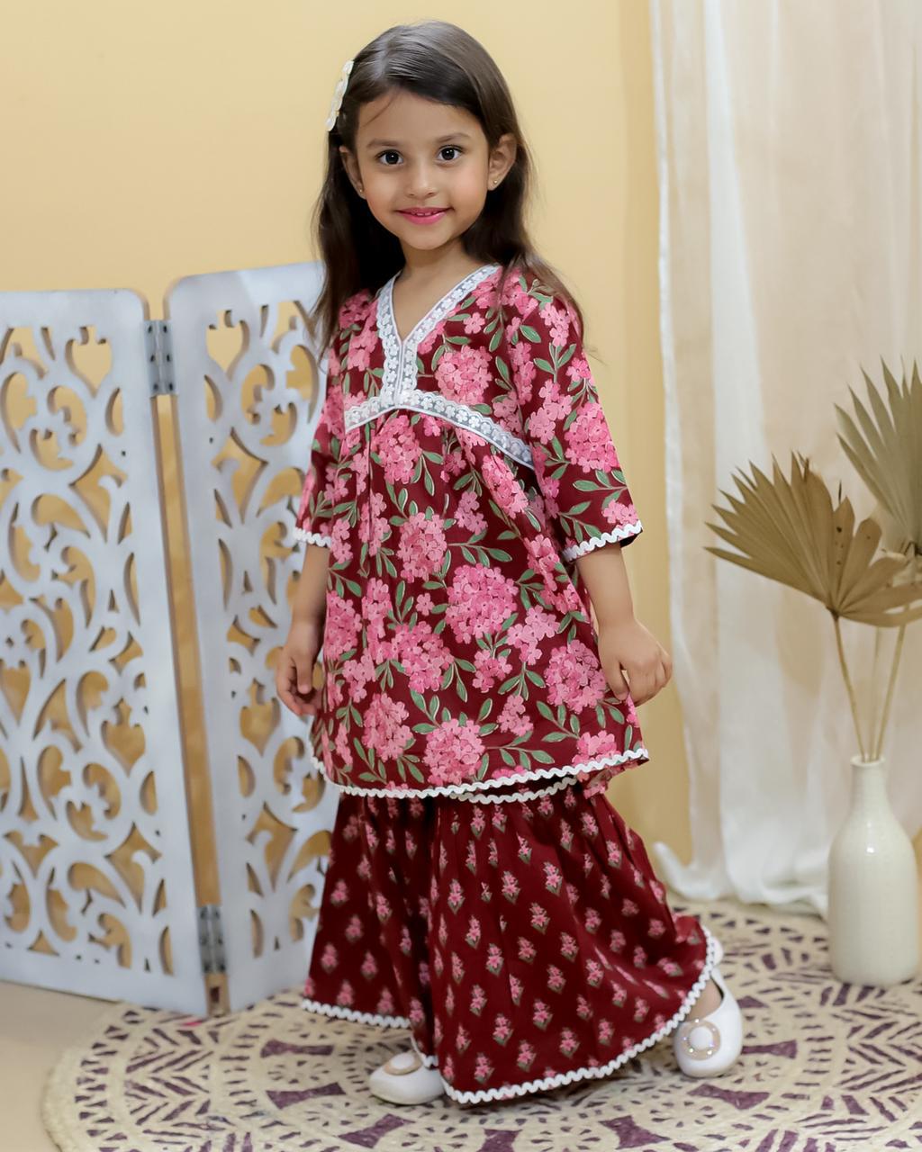 Red Jaipur Block Print Cotton Festive Suit Set for Girls