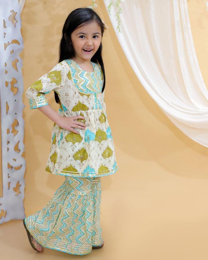 Green Jaipur Block Print Cotton Ethnic Suit Set for Girls