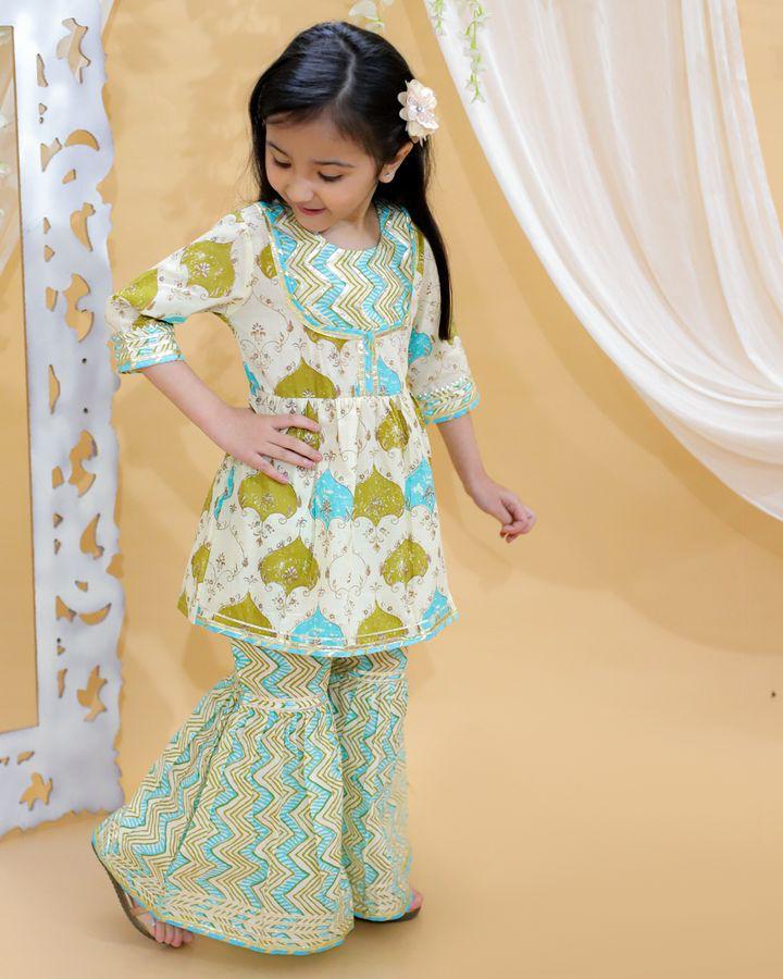 Green Jaipur Block Print Cotton Ethnic Suit Set for Girls