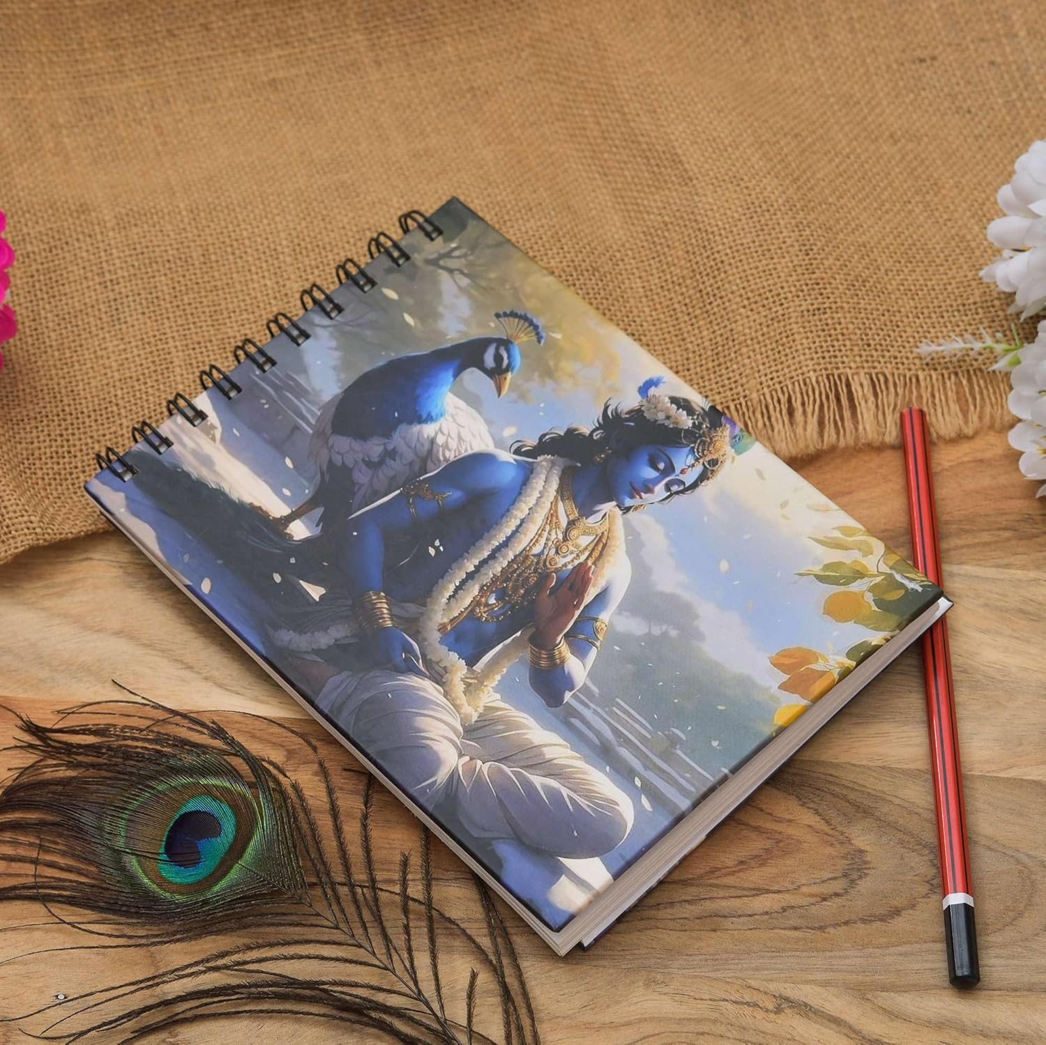 Handmade Krishna Peacock Printed Cardboard Diary for Writing