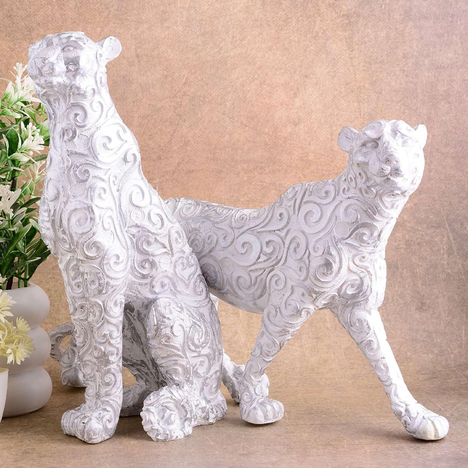 White Panther Antique Animal Showpiece Set of 2 for Home Decor