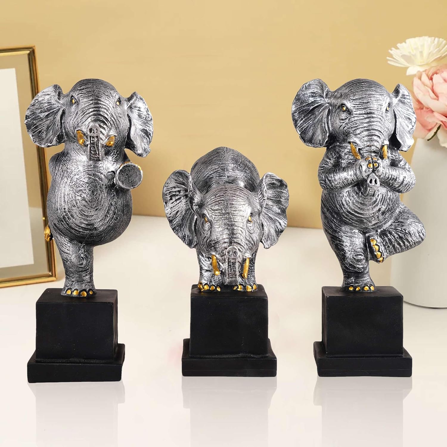 Silver Polyresin Elephant Showpiece Set of 3 for Home Decor