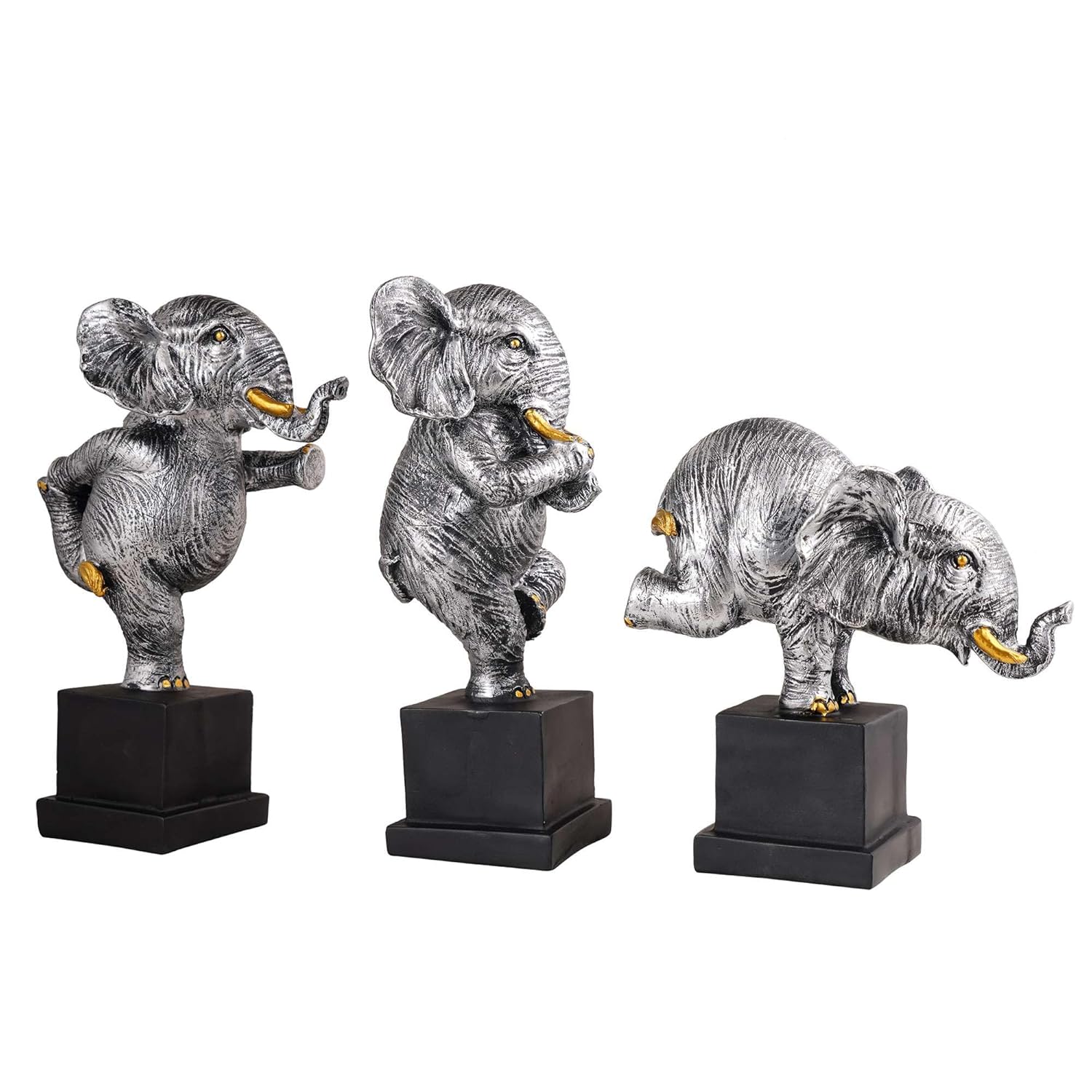 Silver Polyresin Elephant Showpiece Set of 3 for Home Decor