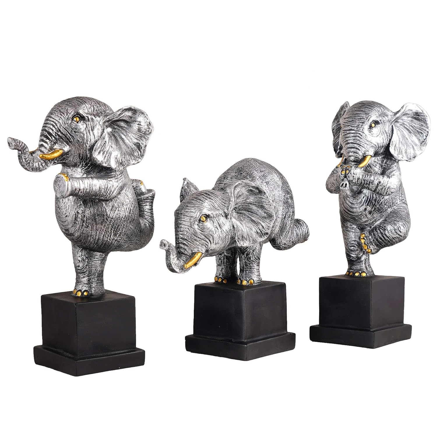 Silver Polyresin Elephant Showpiece Set of 3 for Home Decor