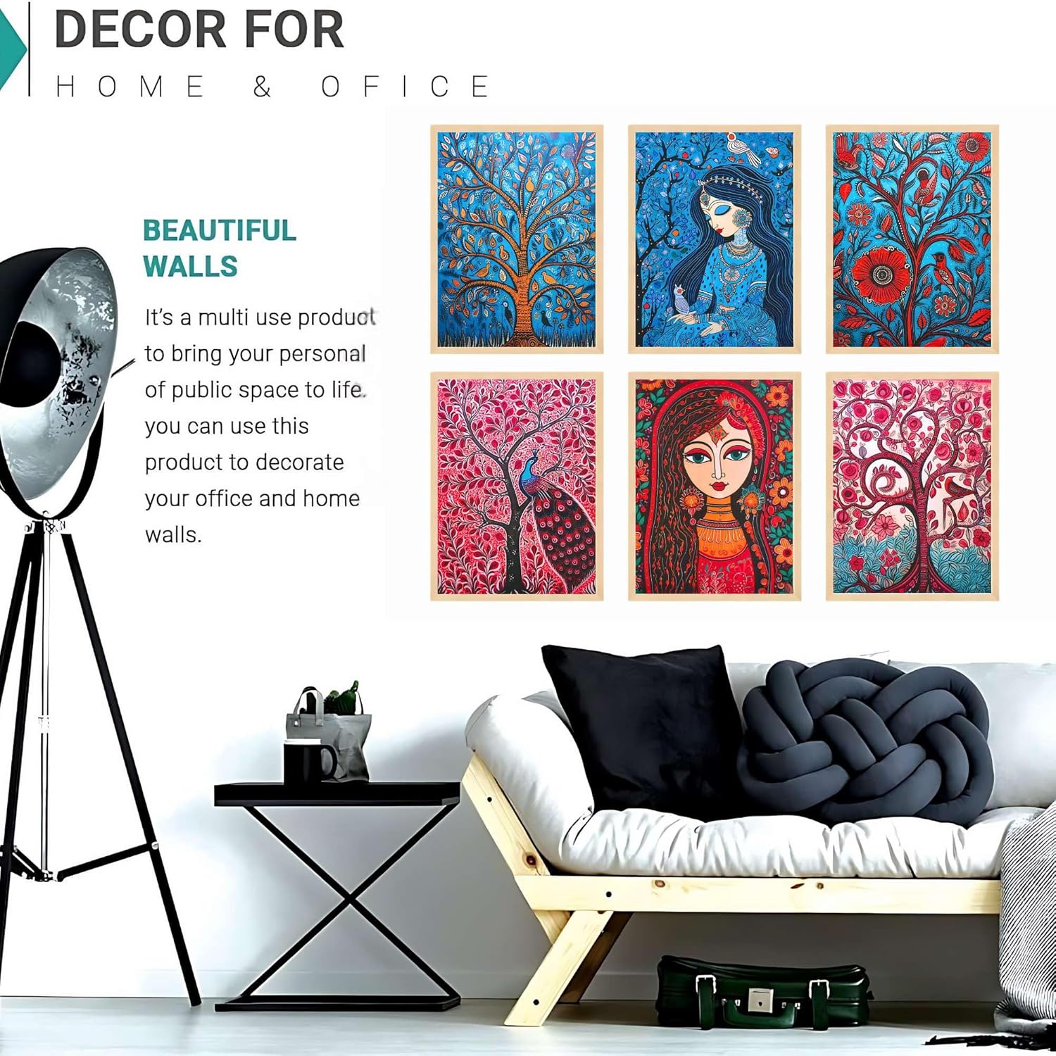 Madhubani Wall Paintings Set of Six for Wall Dacoration Large Framed Wall Paintings for Living Room & Bedroom