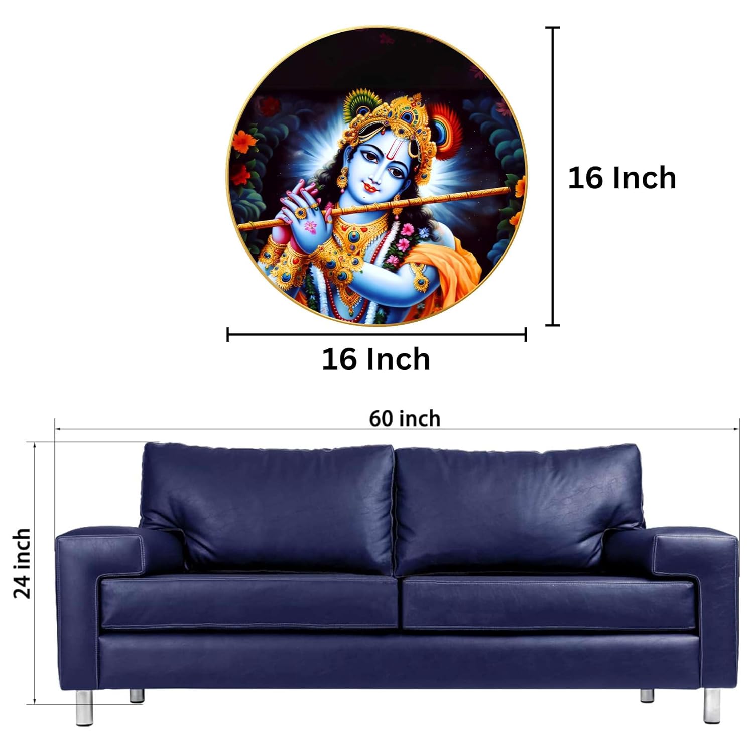 Radha Krishna Wall Painting for Wall Decoration with Frame Sparkle Glossy Round Golden Framed