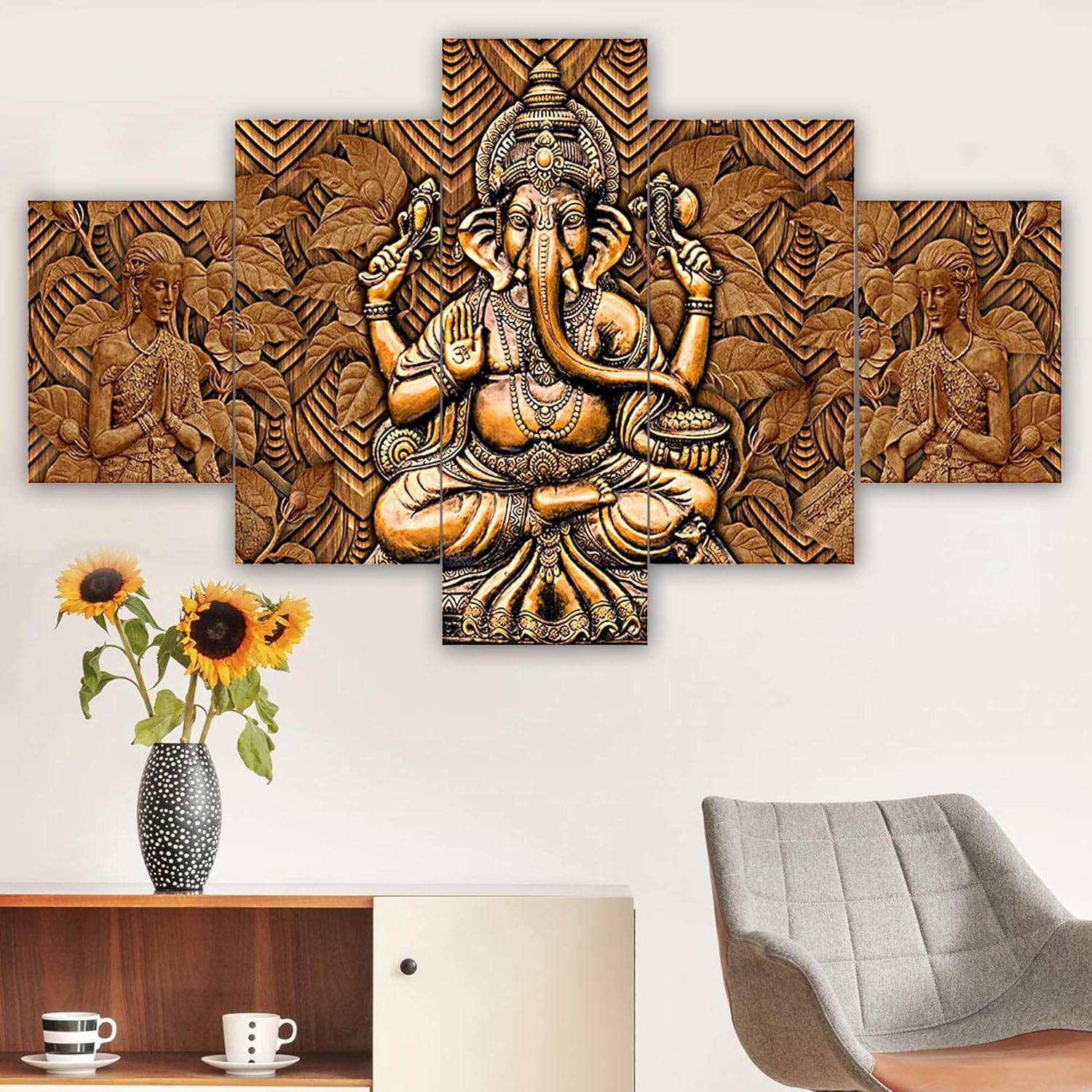 MDF Framed 3D Wall Painting Ganpati Set of 5 Living Room Decor